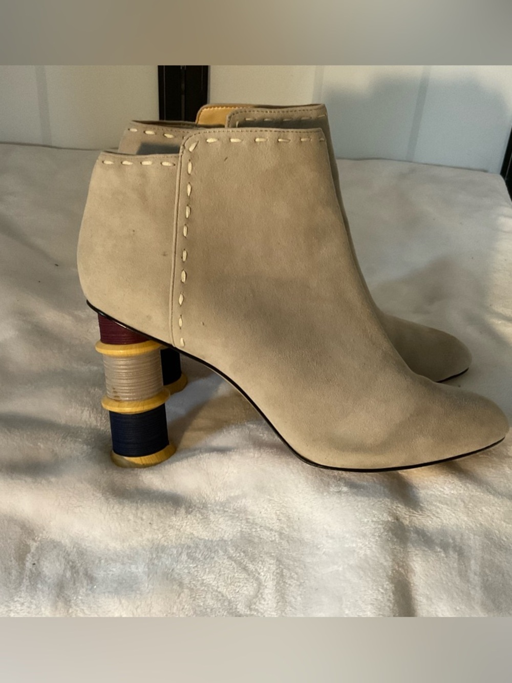 Katy Perry Collections Beige Suede Ankle Boots with Multicolor Stacked Heel